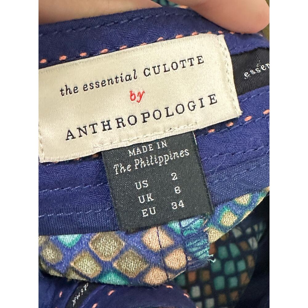 Anthropologie the essential blue green print culottes pants size 2 - Picture 3 of 9